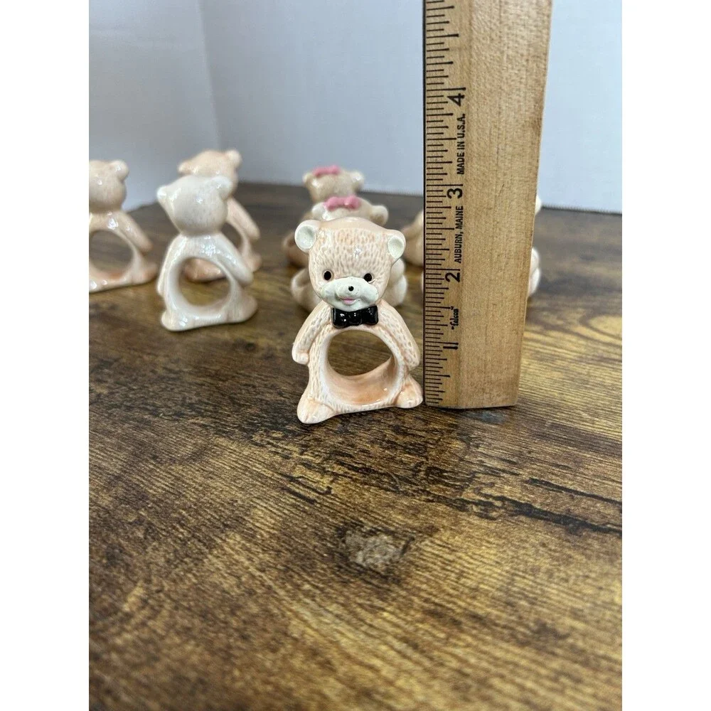 Vintage Taiwan Teddy Bear Ceramic Napkin Ring Holders Set of 8 Brown Boy Girl